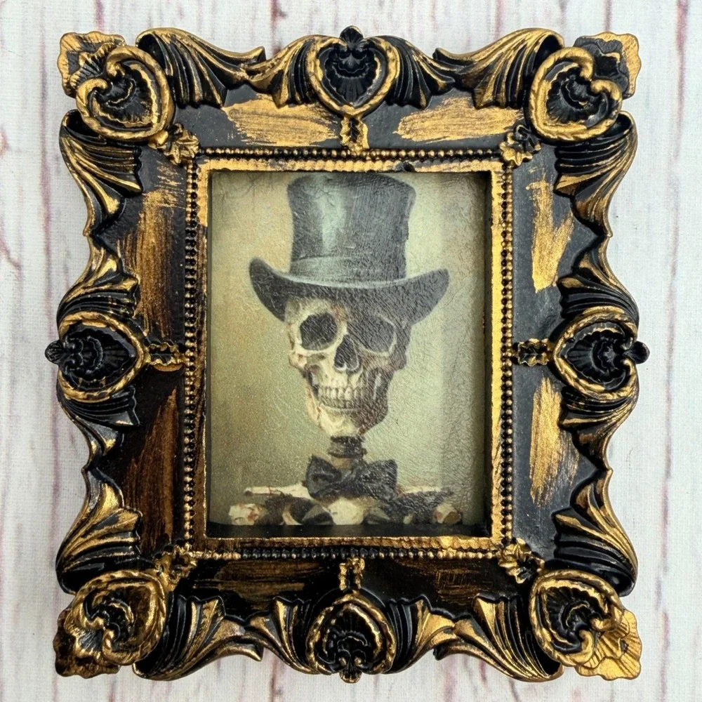 Gothic Skeleton Gentleman Art Print in Ornate Black and Gold Resin Frame 4x5